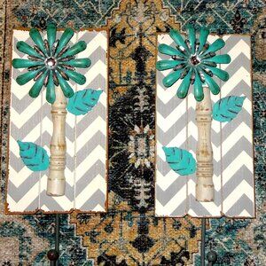 Set of 2 Holly Lobby Turquoise, White & Gray Chevron distressed Wall Hooks
